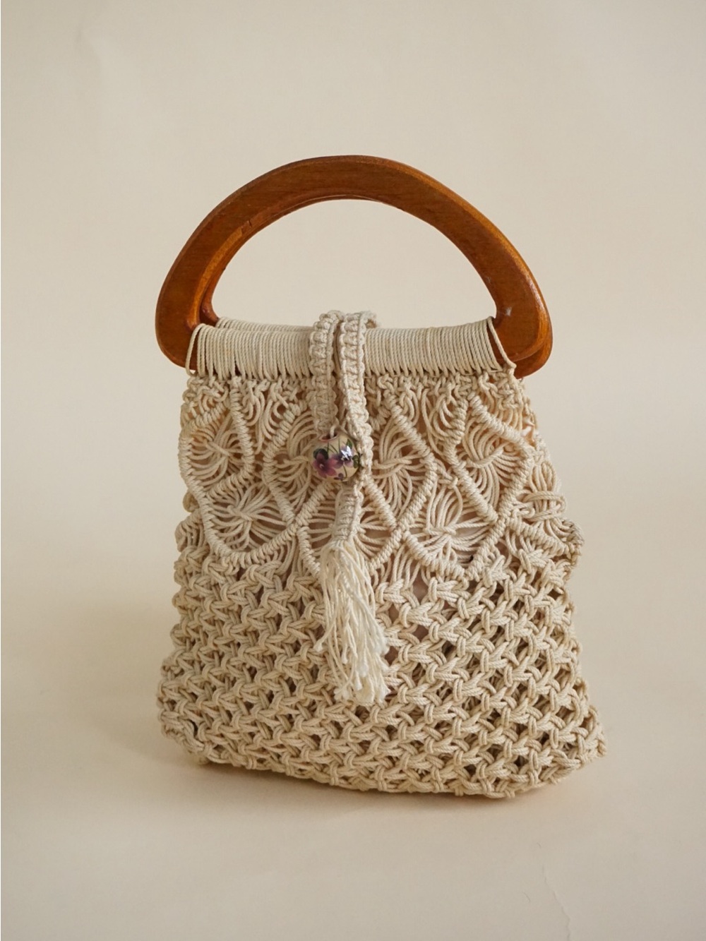 Crochet Cotton Handmade Wooden Handle Vintage Bag